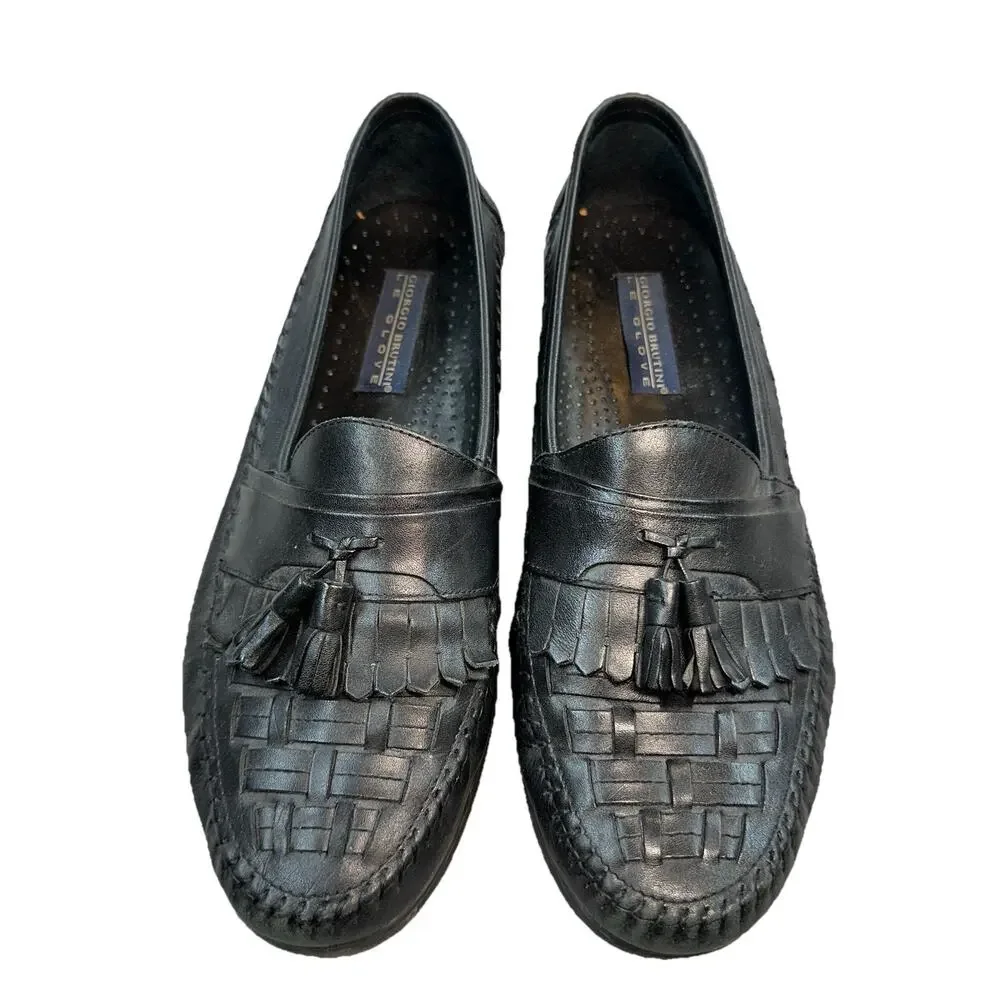 Giorgio Brutini Slip-On Loafers Black Leather Cross weave Tassels 11 M Shoes
